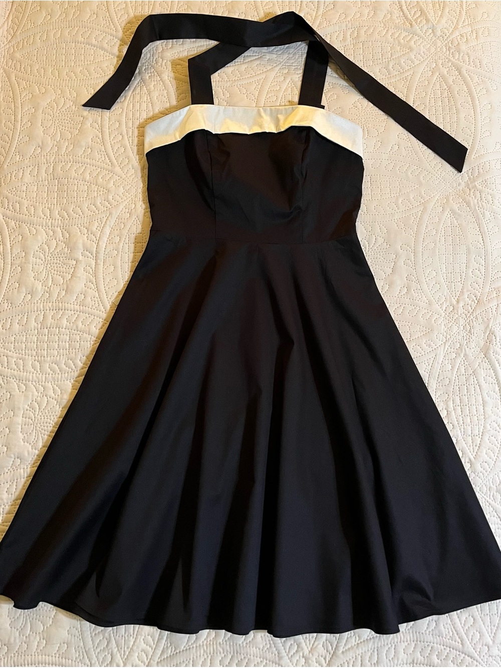 Chic Black Halter Midi Dress with White Trim